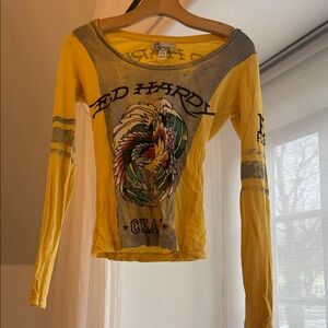 Ed Hardy Yellow and Gray Graphic Long Sleeve